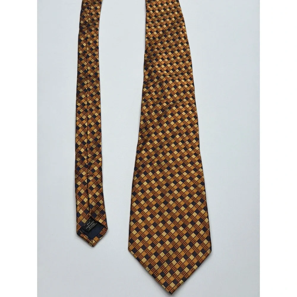Paul Fredrick Mens Silk Tie Gold Copper Navy‎ Geometric Check Woven Hand Made